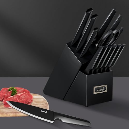 KUISINE Knife Set, 15-Piece High Carbon Stainless Steel Knife Block Set | Razor-Sharp, Dishwasher Safe, Rust-Resistant, Ergonomic Handles Kitchen Knife Set with Sharpener Black EX - color: EX Black, size: 15 pieces