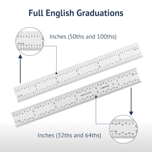 24" Metal Ruler, Rigid, 3R Graduation, Premium Measuring Tool | MADE IN USA, Fully Hardened Steel, Satin Chrome Finish, Etched, Scratch Resistant, Glare-Free, 32nds/64ths & 10ths/50ths - color: Carbon Steel-Rigid, size: 24"