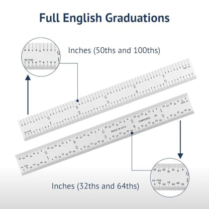24" Metal Ruler, Rigid, 3R Graduation, Premium Measuring Tool | MADE IN USA, Fully Hardened Steel, Satin Chrome Finish, Etched, Scratch Resistant, Glare-Free, 32nds/64ths & 10ths/50ths - color: Carbon Steel-Rigid, size: 24"