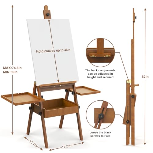 Professional Vintage Wood H-Frame Easel, with 2 Palette and Storage Box - color: Vintage
