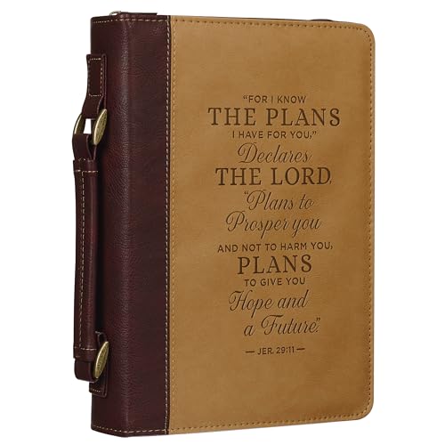 Christian Art Gifts Classic Vegan Leather Bible Cover for Men & Women: Hope & Future Encouraging Scripture Verse, Debossed Design, Sturdy Easy Carry Case, Pockets, Pen Loops Storage, Brown/Tan, Large - size: Large