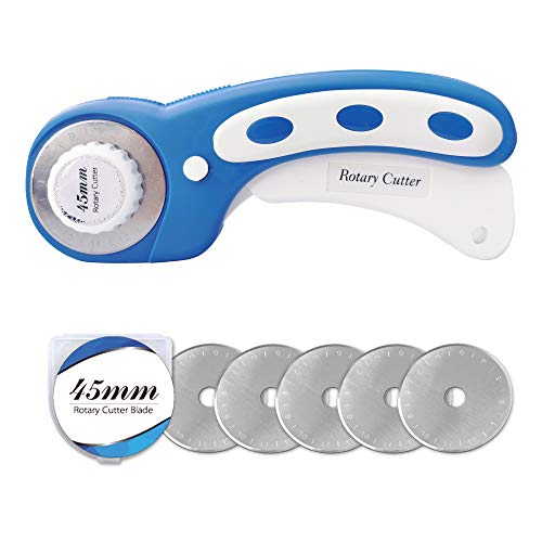 Headley Tools 45mm Rotary Cutter with 5pcs Extra Rotary Blades, Ergonomic Rolling Cutter with Safety Lock for Fabric, Sewing, Quilting, Cloth, Paper, Leather, Crafting, Fabric Rotary Cutter(Navy Blue) - color: Blue, size: 45mm