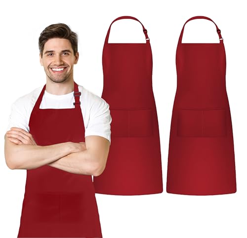 Adjustable Bib Apron 100% Polyester Kitchen Aprons Waterdrop Resistant Aprons with Adjustable Strap, Pockets & Long Ties - color: Red, style: Pack of 2