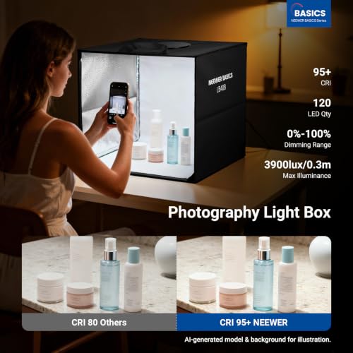 NEEWER Basics Photo Studio Light Box, 16"x16"x15" Bi Color Folding Photo Booth Shooting Tent with 6 Color Backdrops, 120 LEDs CRI95+ Dimmable for Tabletop Jewelry Electronics Food Photography, LB40B - size: 16"x16"x15"