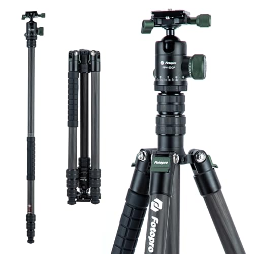 Fotopro 73"/185cm Carbon Fiber Travel Tripod for Camera, 360° Panorama Ball Head, Arca Quick Release Plate and Bag, Detachable Monopod for DSLR Camera Camcorder, Load up to 22lbs/10kg. X-Go Plus Green - color: Green, size: 73" Plus (Carbon Fiber)