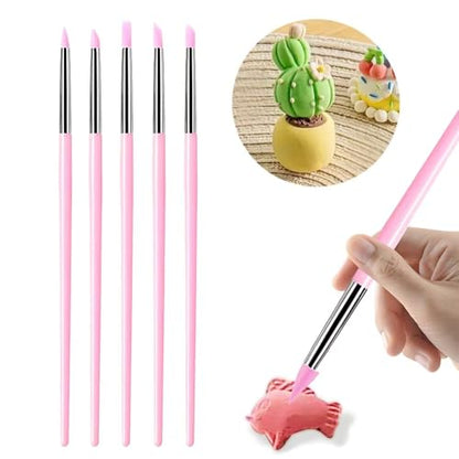 5Pcs Silicone Sculpting Tools for Polymer Clay, Nail Art & Craft DIY | Silicone Shaping Brushes for Clay Modeling, Ceramic, Fondant, Nail Art Design, Detailing and DIY Projects - color: Pink
