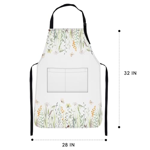 Britimes Apron with Pockets, 32x28 inch, for Women Men, Wild Flowers - color: Eucalyptus