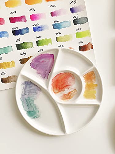 Set of 2 Ceramic Artist Paint Pallet,Tray,Palette,Easy to Clean Porcelain Mixing Tray for Watercolor Gouache Painting,White, 8 inch,Round, (LS007)