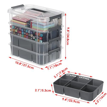 JUXYES 4-Tiers Plastic Stack Carry Storage Containers Box wih Handle Lids - color: Dark Gray
