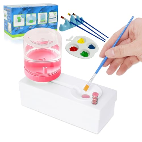 Upgraded All in 1 Paint Brush Cleaner Tool Paint Brush Rinser Paint Water Dispenser Painting Station for Acrylic, Watercolor, Oil Christmas&Birthday Gift for Kids（Give 4 Pen & Pen holder & paint tray） - color: 02 Pink