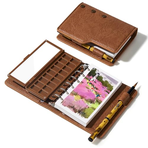 Portable Watercolor Sketchbook Set - 100% Cotton 5.1x3.0 Inch Cold Press 20 Sheets Binder Art Journal with 18-Well Ceramic Paint Palette & Travel Watercolor Brushes for Artists Outdoor Painting - color: Yellow