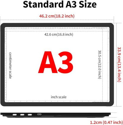 Rechargeable A3 Light Pad for Diamond Painting, 4000mAh Tracing Light Box with 6 Levels of Brightness, Side Physical Buttons & 3 Colors, High-Brightness Light Board for Diamond Art, Drawing, Sketching - style: Rechargeable A3 (Black)