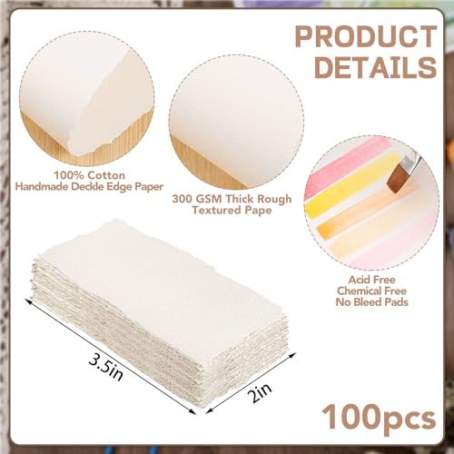 100 Sheets Watercolor Paper, 2 x 3.5 in, 300 GSM, Deckled Edge | Handmade Cold-Pressed Textured Paper, Ivory White, Absorbent and Durable for Watercolor, Cards and Invitations - size: 2 x 3.5inch