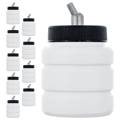 Master Airbrush (Pack of 10) TB-006 Empty 2.7-Ounce (80cc) Plastic Jar Bottles with 30° Down Angle Adaptor Lid Assembly - Fits Dual-Action Siphon Feed Airbrushes, Use with Master, Badger Paasche Iwata - size: 2.7oz - Plastic - 30°