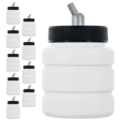 Master Airbrush (Pack of 10) TB-006 Empty 2.7-Ounce (80cc) Plastic Jar Bottles with 30° Down Angle Adaptor Lid Assembly - Fits Dual-Action Siphon Feed Airbrushes, Use with Master, Badger Paasche Iwata - size: 2.7oz - Plastic - 30°