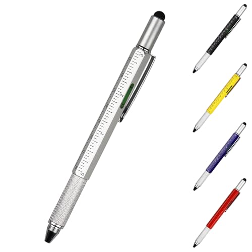 DUNBONG 6-in-1 Multi Pen, Stylus/Screwdriver, 0.7mm Black - Silver | Aluminum prismatic non-slip grip | Rotary no-cap design | Ruler & level built-in | Refillable | Long-lasting clip - color: Silver