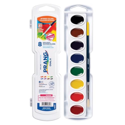 Prang Semi-Moist Watercolors 8-Color Oval Pan Set, Pack of 6 | Refillable, Wax-Free Pigments, Mixing Tray in Lid, Size 6 Paintbrush Included - style: 8 Count (Pack of 6)