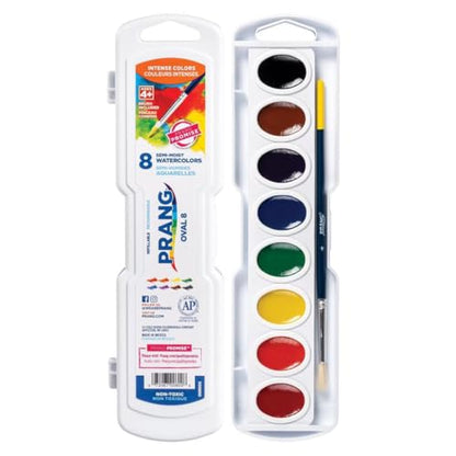 Prang Semi-Moist Watercolors 8-Color Oval Pan Set, Pack of 6 | Refillable, Wax-Free Pigments, Mixing Tray in Lid, Size 6 Paintbrush Included - style: 8 Count (Pack of 6)