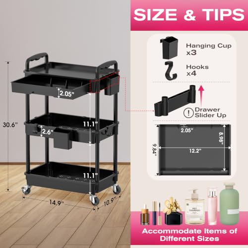 Goovilla Rolling Makeup Organizer Cart with Removable Drawer, 3 Tier Black | Stable Floor Skincare Storage Cart for Vanity, Cosmetic Display, Nail Polish, Perfume, Hair Stuff, Beauty, Bathroom(Plastic) - color: Black, size: 3 Tier