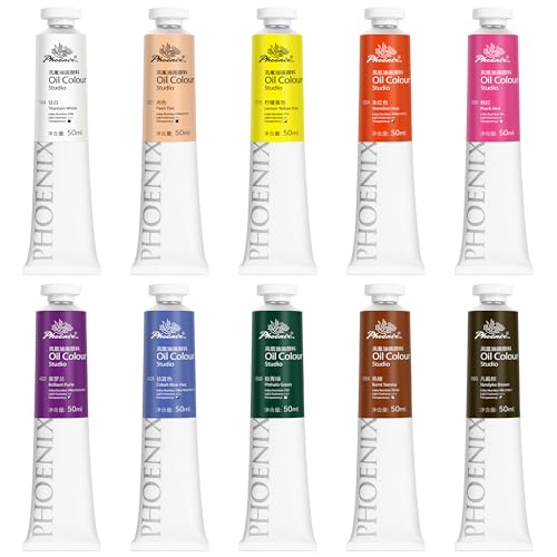 PHOENIX Studio Oil Paint Set - 10 Creative Colors x 50ml / 1.69 Fl oz. - with Skin Tone & Peach Red for Portrait Painting, Professional Oil Based Art Paints - color: 10 Colors - C