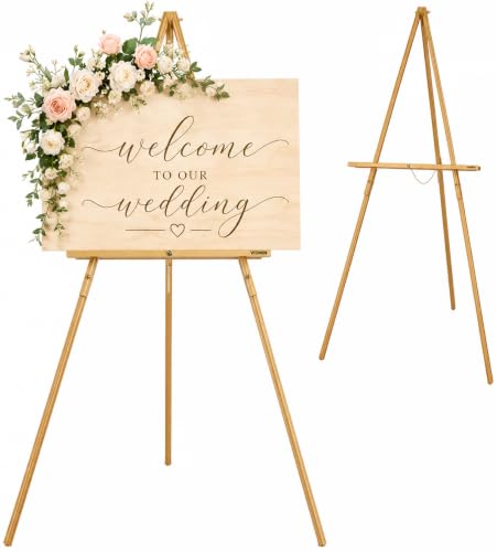 VISWIN Upgraded 63" Gold Wooden Easel Stand for Sign, Tripod Easel for Wedding Sign Stand, Welcome Board, Poster, Picture, Canvas Art Easel Floor with Tray for Display & Painting - color: Gold, size: 1 PCS