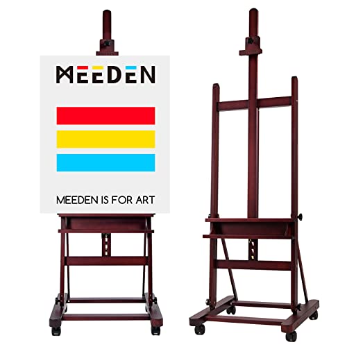 MEEDEN Large Studio Artist Easel, Holds Max Canvas 48", Solid Beech Wood H-Frame Easel with Large Storage Tray, Adjustable Art Painting Easel Stand with Wheels for Beginners & Artists, Deep Walnut - color: Deep Walnut, size: Easel with Wheels