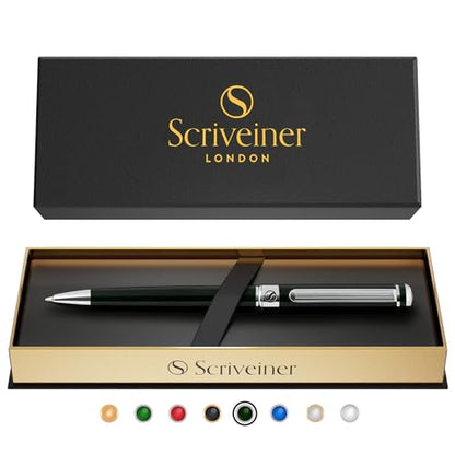 Scriveiner BlackGreen Ballpoint Pen - Black Green Luxury Pen, Chrome Finish, Schmidt Black Refill, Best Ball Pen Gift Set for Men & Women, Professional Executive Office, Nice Designer Pen - color: 7. Very Dark Black Green with Chrome