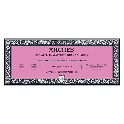 Arches Aquarelle Hot Pressed Watercolor Block, 3.9 x 9.8 inches, 140lb, 20 Sheets
