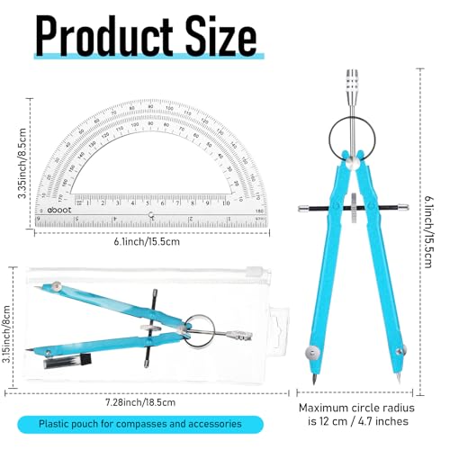 EBOOT Student Geometry Math Set, Metal Drawing Compass and 6 Inch Clear Swing Arm Protractors 180 Degree Math Protractor(Sky Blue) - color: Sky Blue