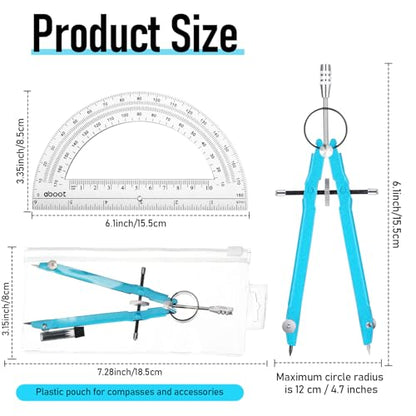 EBOOT Student Geometry Math Set, Metal Drawing Compass and 6 Inch Clear Swing Arm Protractors 180 Degree Math Protractor(Sky Blue) - color: Sky Blue
