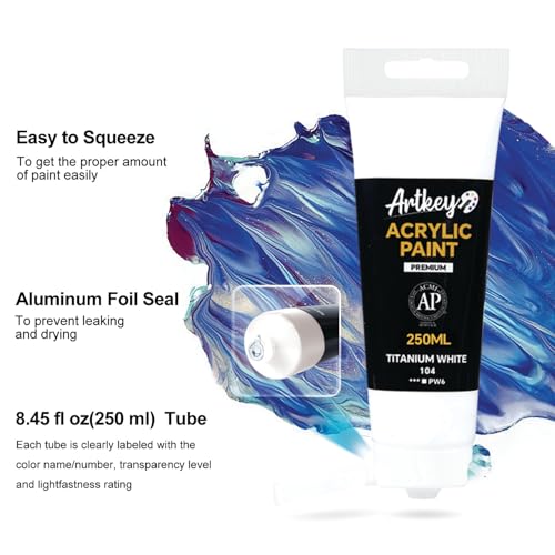 Artkey Acrylic Paint - Titanium White (250 ml/8.45 oz) Tubes, Rich & Vibrant Pigments, Professional Artists Acrylic Paints - Art Supplies for Canvas Wood Rock Clay Fabric Ceramics Art Crafts Painting - color: Titanium White, size: 8.45 Fl Oz (Pack of 1)