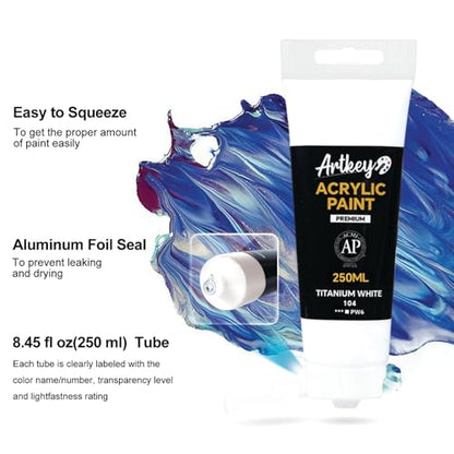 Artkey Acrylic Paint - Titanium White (250 ml/8.45 oz) Tubes, Rich & Vibrant Pigments, Professional Artists Acrylic Paints - Art Supplies for Canvas Wood Rock Clay Fabric Ceramics Art Crafts Painting - color: Titanium White, size: 8.45 Fl Oz (Pack of 1)