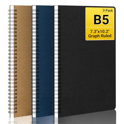 EUSOAR Graph Paper Notebook, B5 3Packs 7.3"x10.2" 120 Pages Graphing Paper Notebook Journals, Spiral Graph Composition Notebook for Math Science Engineering Artist Drawing-Black/Royal Blue/Kraft - color: Black/Royal Blue/Kraft, size: B5