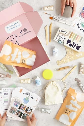 Pott'd Pottery Kit, Air Dry Clay Kit for Adults & Beginners | At Home Pottery Making Kit with Air Dry Clay, Tools, Paints, Brushes, Sealant and Step-by-Step Guide - style: Minimalist Paints