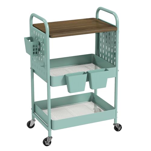 3 Tier Rolling Cart, Metal Storage Cart with Wooden Tabletop, Storage Cart with DIY Pegboards & Locked Wheels, Hooks & Hanging Cups for Any Room - color: Green