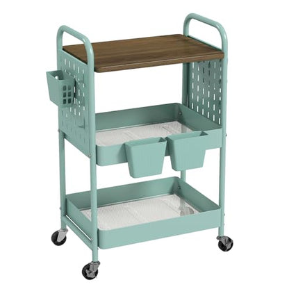 3 Tier Rolling Cart, Metal Storage Cart with Wooden Tabletop, Storage Cart with DIY Pegboards & Locked Wheels, Hooks & Hanging Cups for Any Room - color: Green