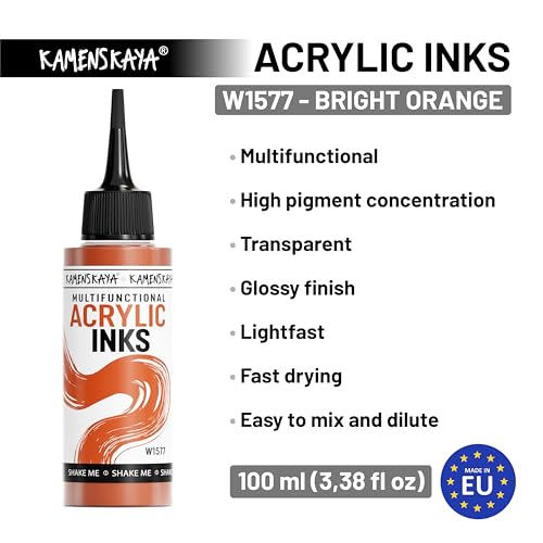 Acrylic Inks for Artists - Bright Orange Acrylic Ink, 3.38 Fl Oz (100 ml) | Highly Concentrated, Multifunctional Liquid Acrylic Paint - color: Bright Orange