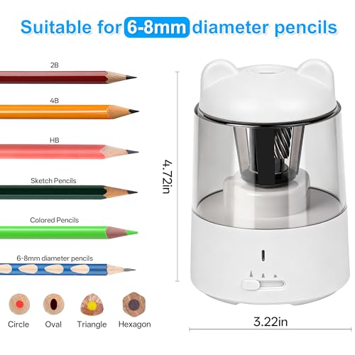 Electric Pencil Sharpener, Rechargeable Auto-Stop for 6-8mm, 3 Modes | Fast Sharpen in 3s, Battery Powered, Heavy Duty Blade, Suitable for No.2(6-8mm), School/Home/Office - color: White