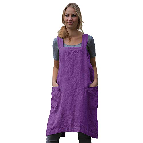 Women's Pinafore Square Apron Baking Cooking Gardening Works Cross Back Cotton/Linen Blend Dress with 2 Pockets - color: Y-purple, size: XX-Large
