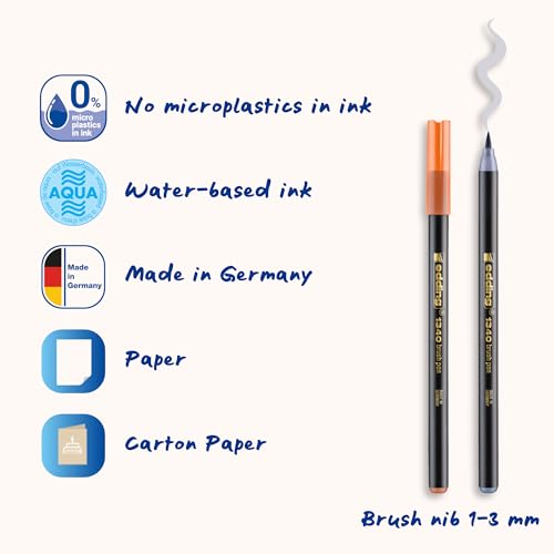edding 1340 brush pen set - 4 pens - gold metallic, black, grey, apricot - flexible brush nib 1-6 mm - pens for lettering and drawing - high opacity even on darker paper - color: 02: Set of 4 - Metallic