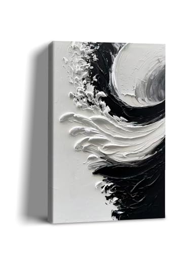 NANKAI Art Hand-painted thick textured white and black minimalist oil painting home wall art Deco 36x24 inches - color: NKHB153