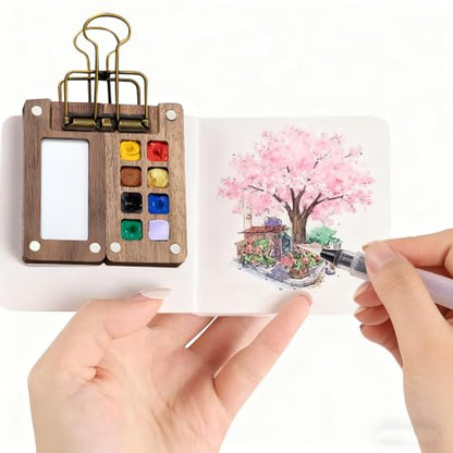Mini Watercolor Paint Set, Portable Travel Watercolor Palette with 12 Colors, 3 Brushes, Picture Album & Binder Clips, 8-Grid Wooden Pocket Paint Box