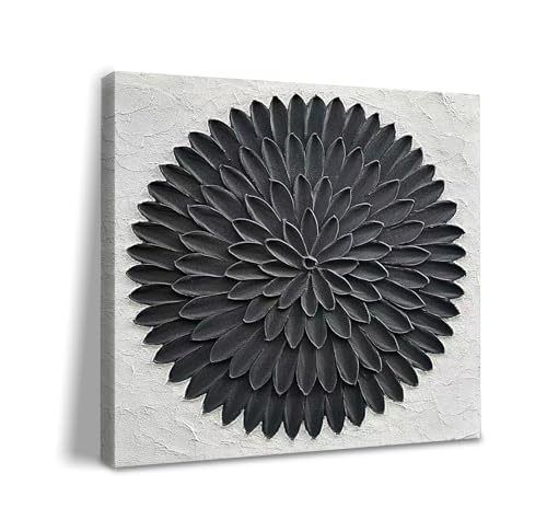 Hand-painted modern minimalist style black and white abstract art with three-dimensional petal texture oil painting Suitable for decoration of living room office corridor and wall 24x24 inches - color: Yi142