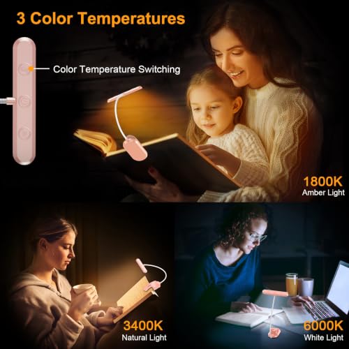 Gritin Rechargeable Book Light for Reading in Bed with 19 LED | Eye Caring 3 Color Temps, 5 Brightness Levels, Memory Function, 90 Hrs Runtime Flexible Goose Neck Clip on Light-Pink - color: Pink