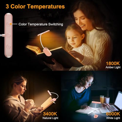 Gritin Rechargeable Book Light for Reading in Bed with 19 LED | Eye Caring 3 Color Temps, 5 Brightness Levels, Memory Function, 90 Hrs Runtime Flexible Goose Neck Clip on Light-Pink - color: Pink