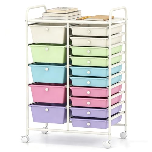 COSTWAY 15 Drawer Rolling Storage Cart, Mobile Storage Organizer | Removable Drawers & Metal Frame, Multipurpose Utility Tools Paper Organizer on Wheels for Home, Office (Ice Cream Colorful) - color: Ice Cream Colorful, size: 15 Drawer