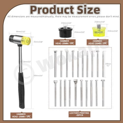 Wokape 23Pcs Leather Stamping Tools, Leather Stamping Kit Contains 20Pcs 4'' Different Special Shape Leather Carving Tools/Leather Punch Tools, 3Pcs 25mm Black/Yellow Rubber Hammer for Leather Working - color: N1