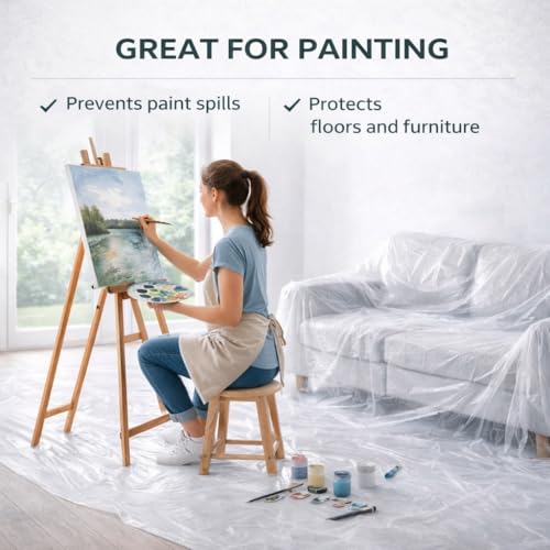 GREEN LIFESTYLE Plastic Drop Cloths for Painting 12 x 9 ft [6 Pack] – Waterproof Paint Drop Cloth, Plastic Sheets Floor Cover, Disposable Tarp for Furniture Protection, Remodeling and Moving - size: 9x12