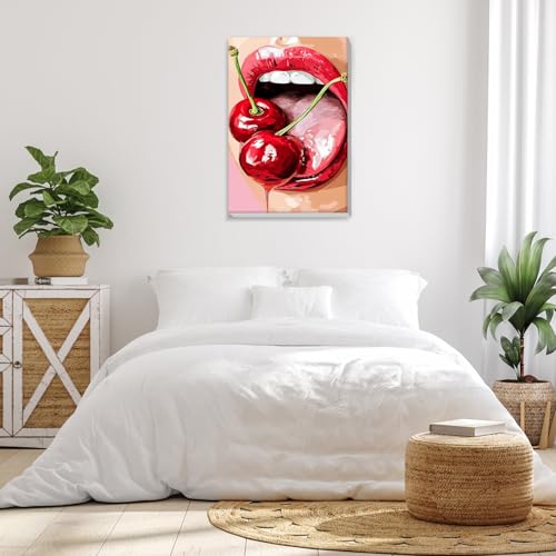 Bowetile Framed Red Lips Paint by Numbers for Adults, 8x12in - color: Red lips and cherry