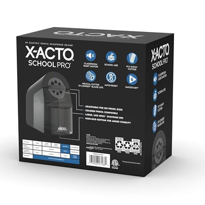 X-ACTO Pencil Sharpener, School Pro Electric Sharpener, Black, With Six Size Dial, XL Shavings Bin - Heavy Duty, Classroom Supplies